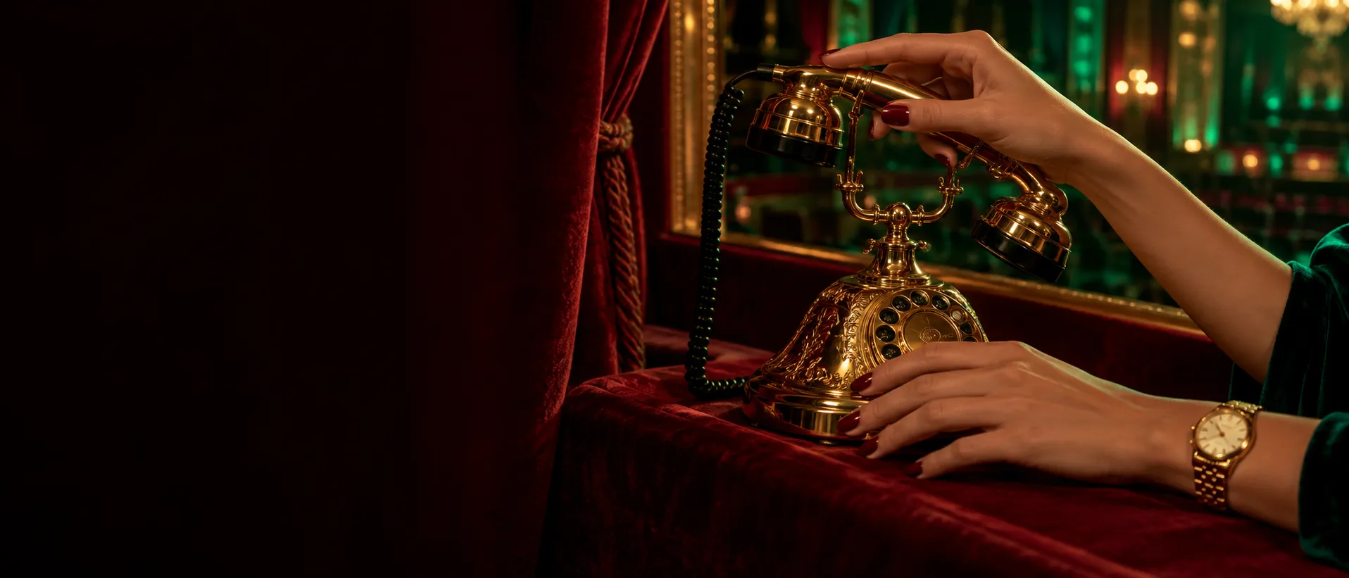 Hands lifting a gold vintage telephone in a red velvet opera box, standing in for fast answers at Here2Win Casino