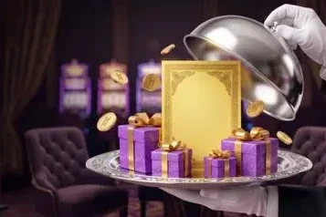 A waiter presenting a celebratory welcome bonus tray in a gold-lit casino scene