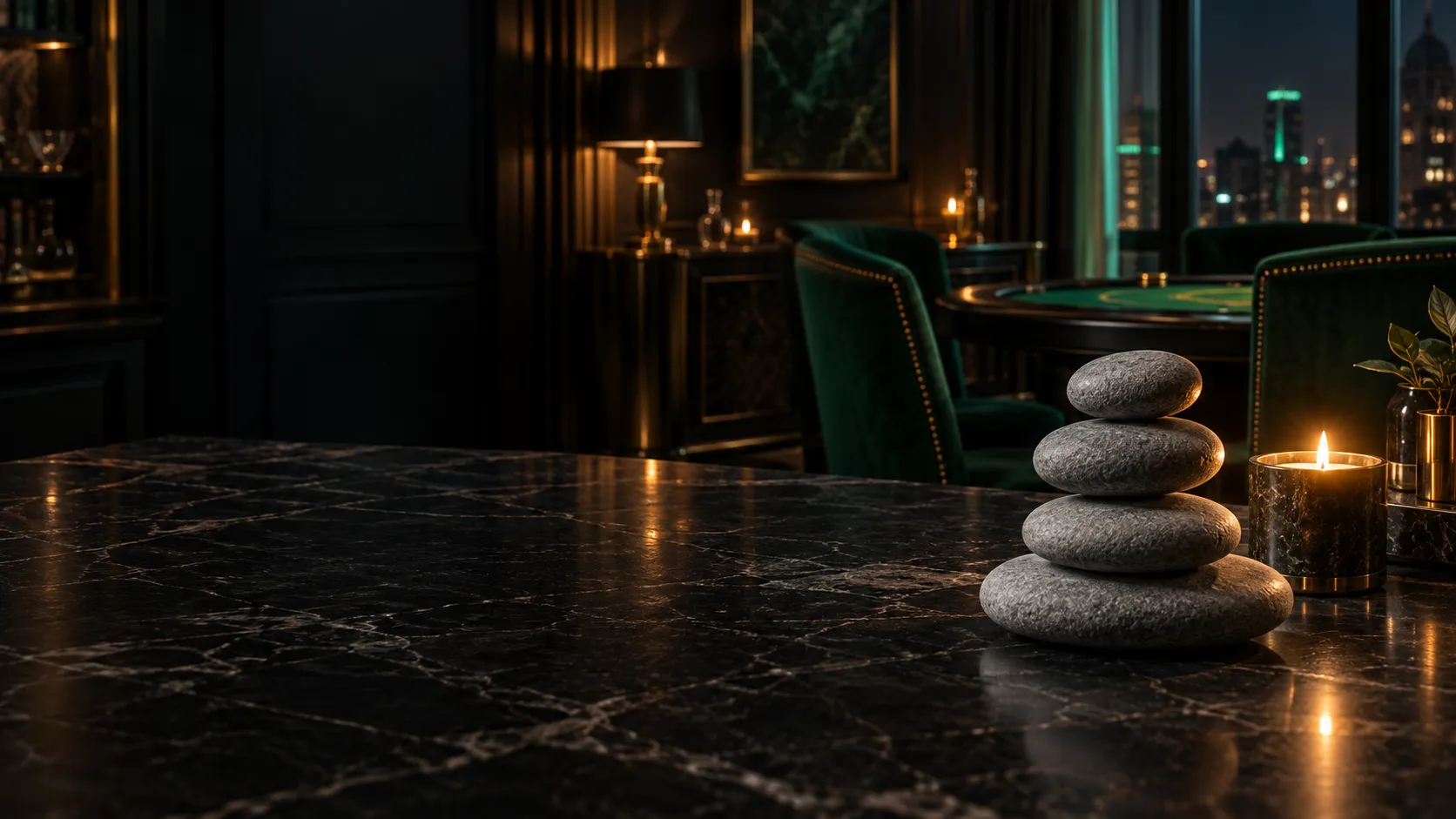 Balanced stones stacked on marble in a candlelit card room
