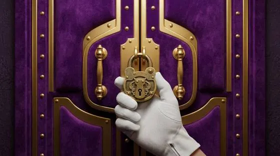 Close-up of purple safe doors with gold hardware and a hanging padlock