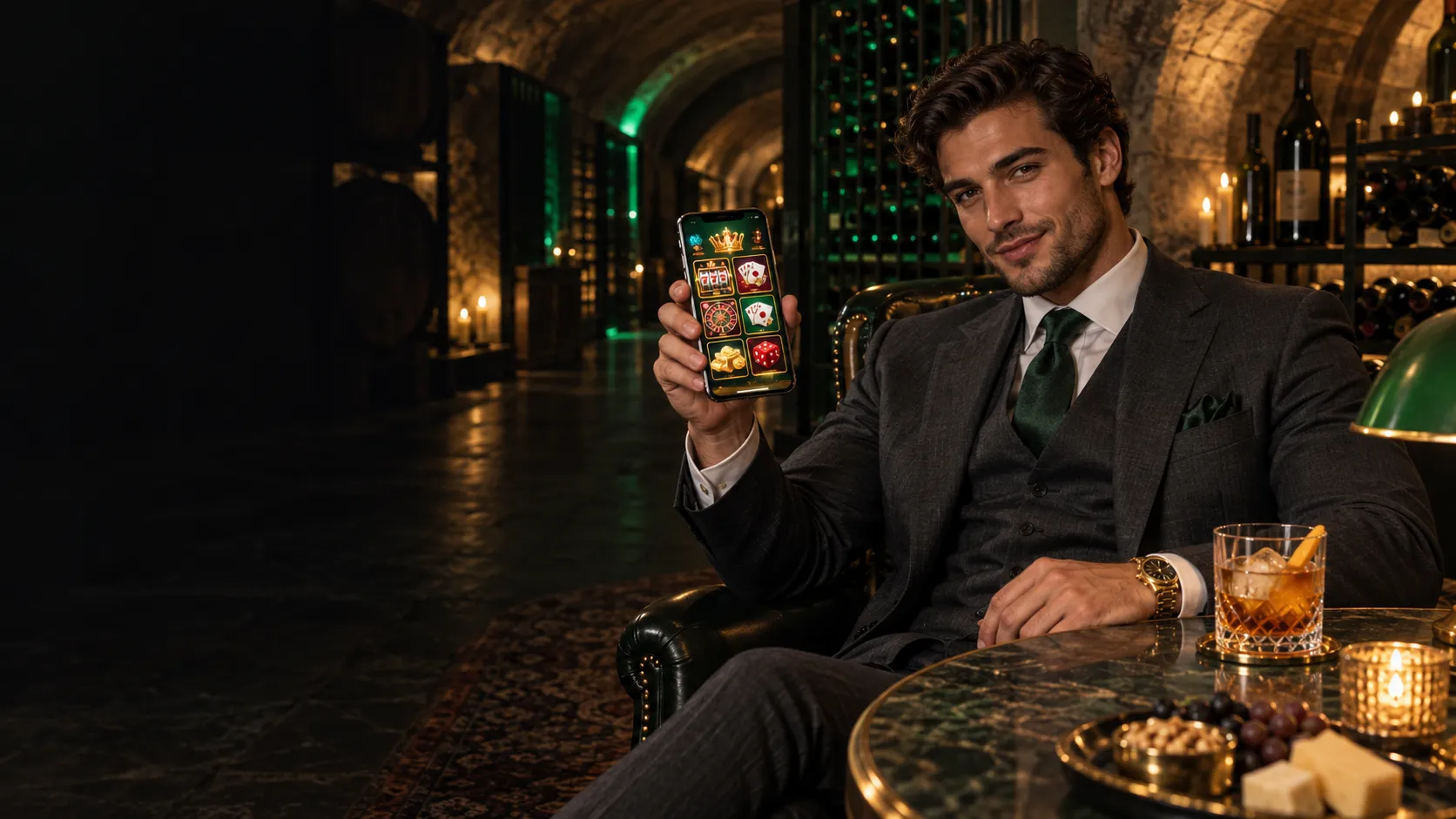 Man in a wine cellar holding a phone with a lit Here2Win Casino lobby screen