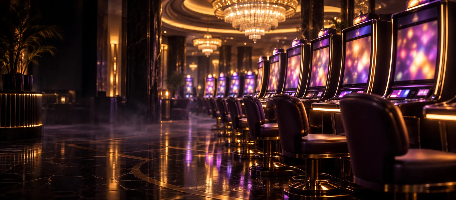 Slot floor atmosphere with warm cabinet lighting behind the high-volatility pokies