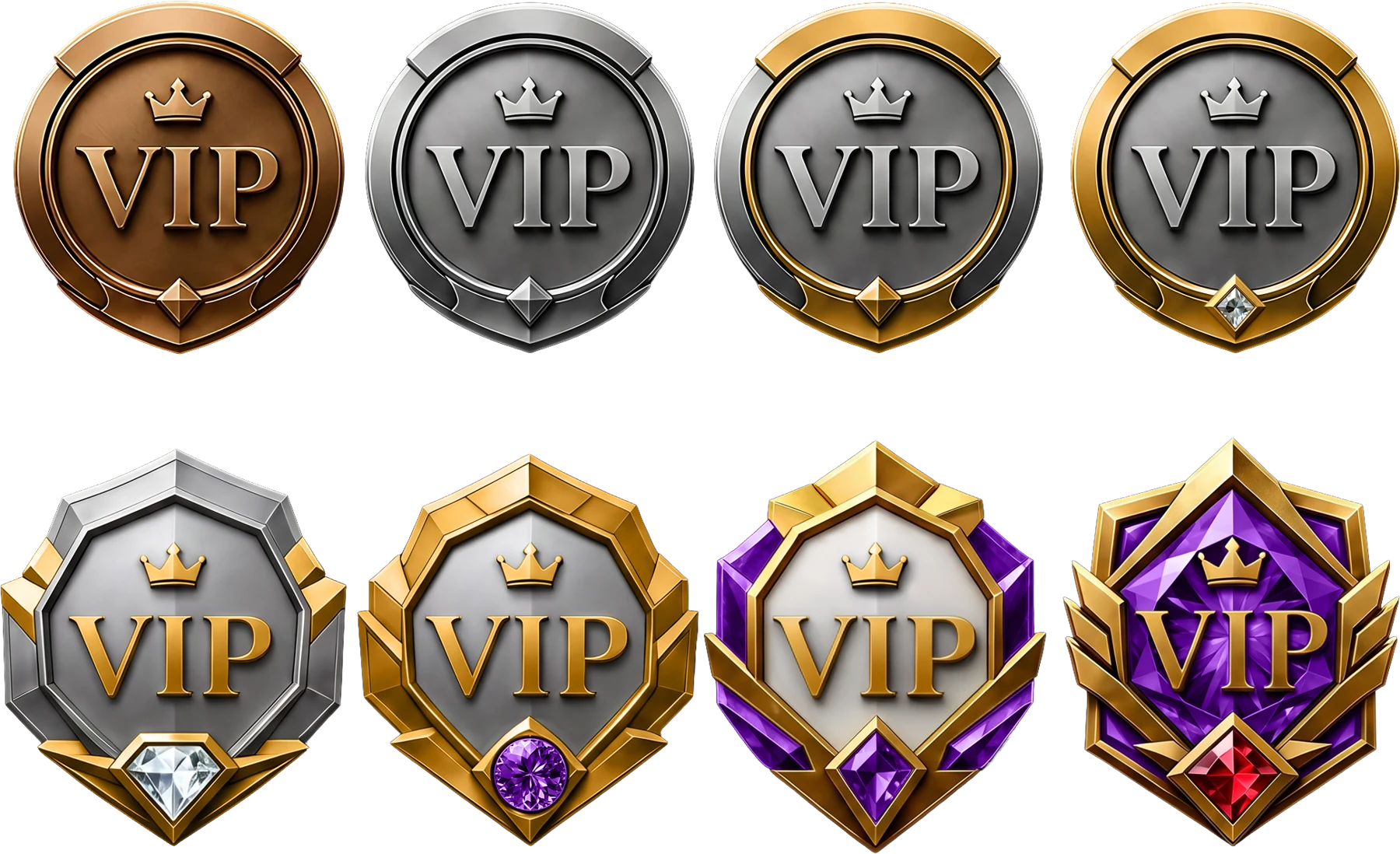 Set of eight round VIP-style badges in bronze, silver and gold tones
