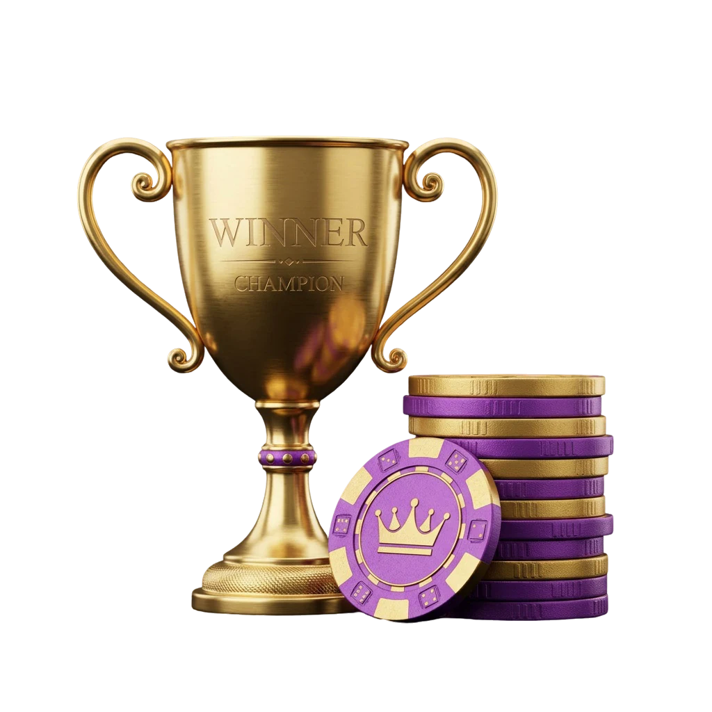 Gold trophy engraved winner champion beside a stack of casino chips