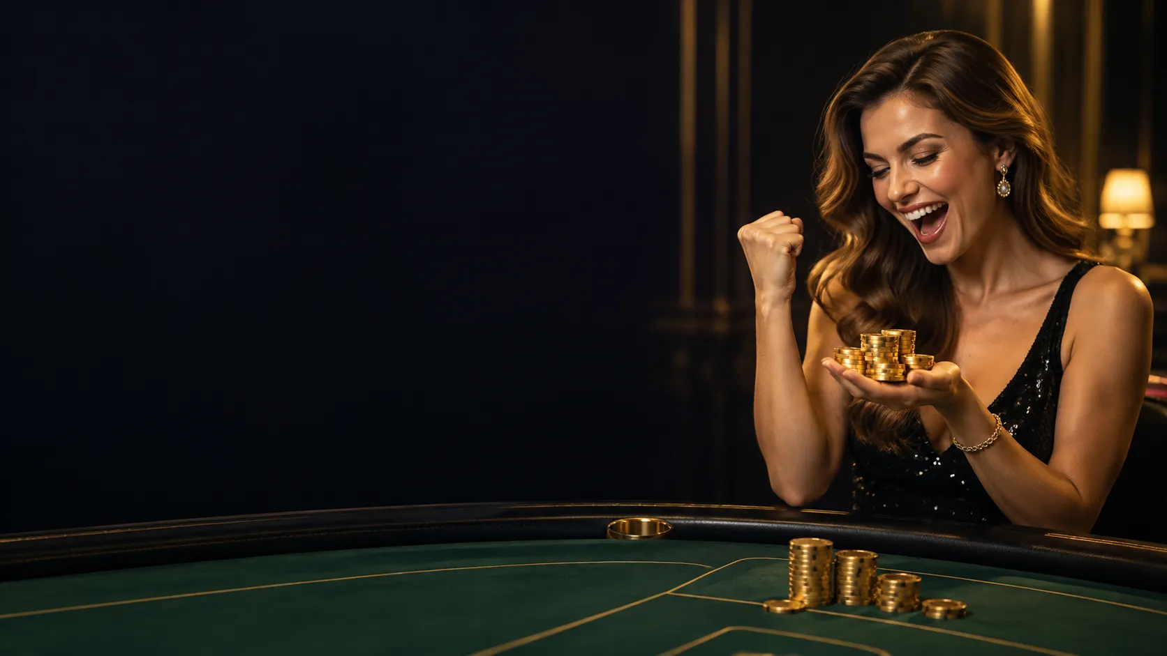 Casino player celebrating a bonus win with a stack of gold chips at a Here2Win Casino table