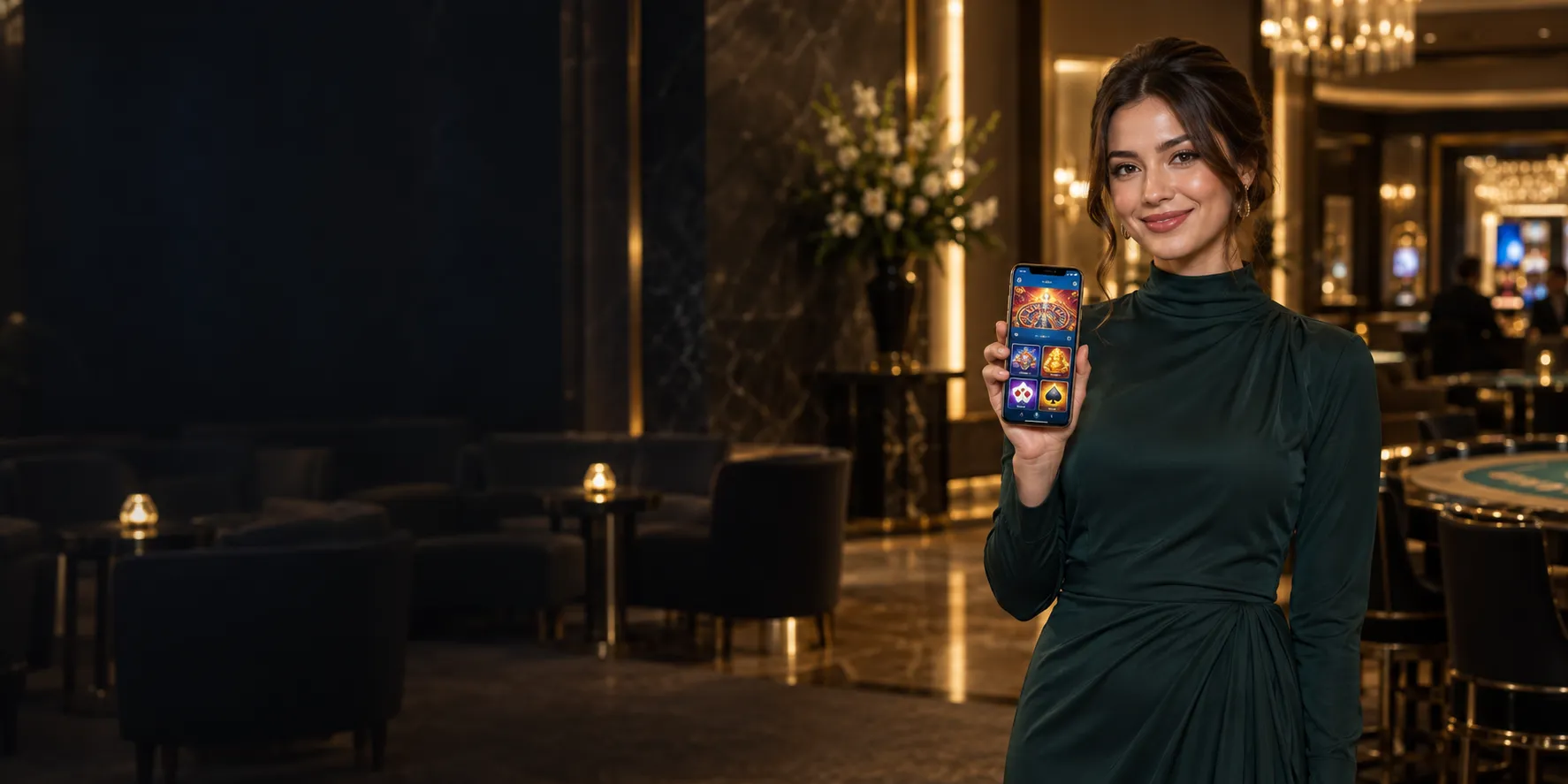 Stylish young woman on a smartphone glowing with the Here2Win Casino login lobby, in a luxurious casino lounge