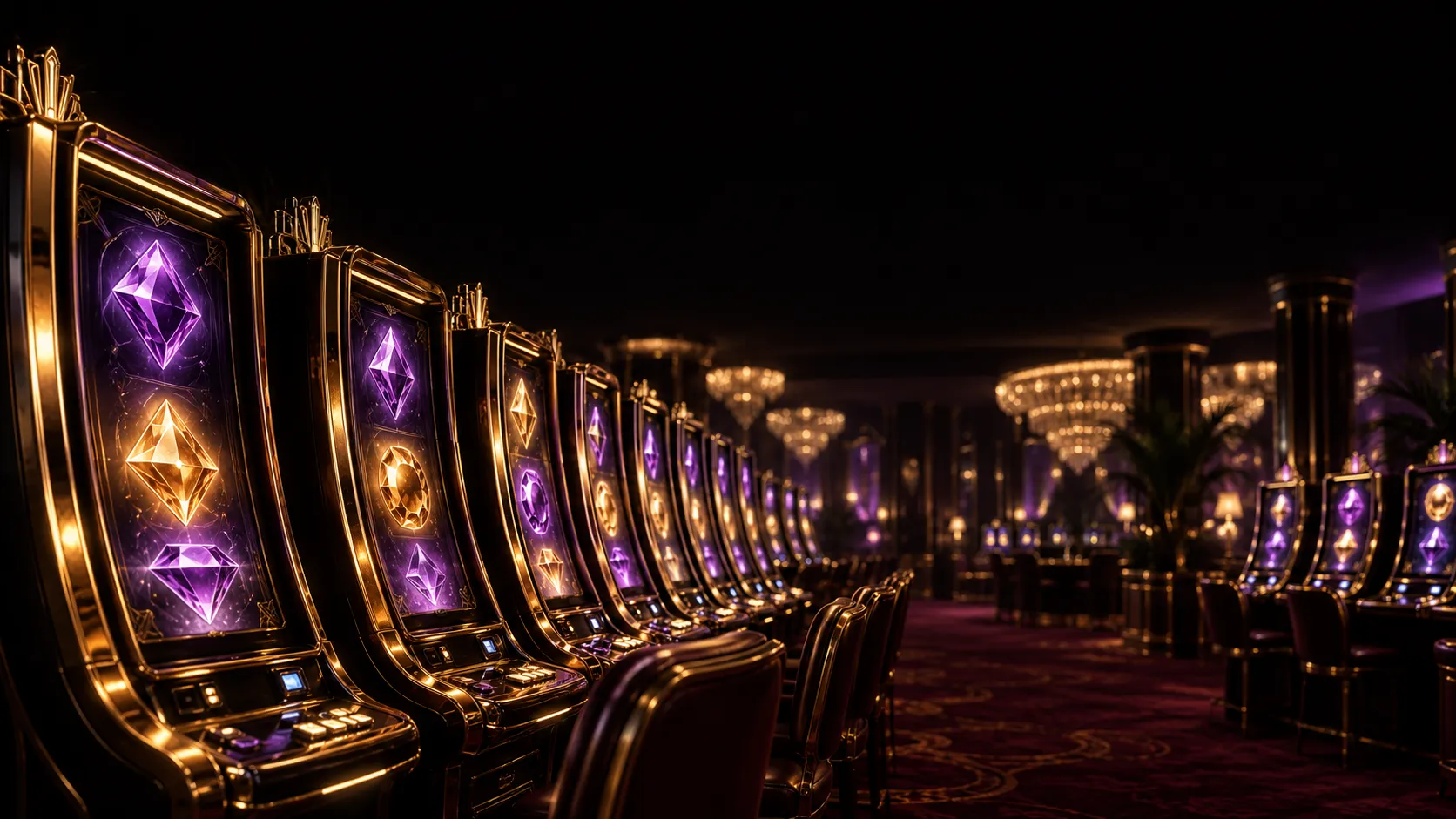 Row of glowing slot cabinets in soft bokeh behind the low-volatility pokies